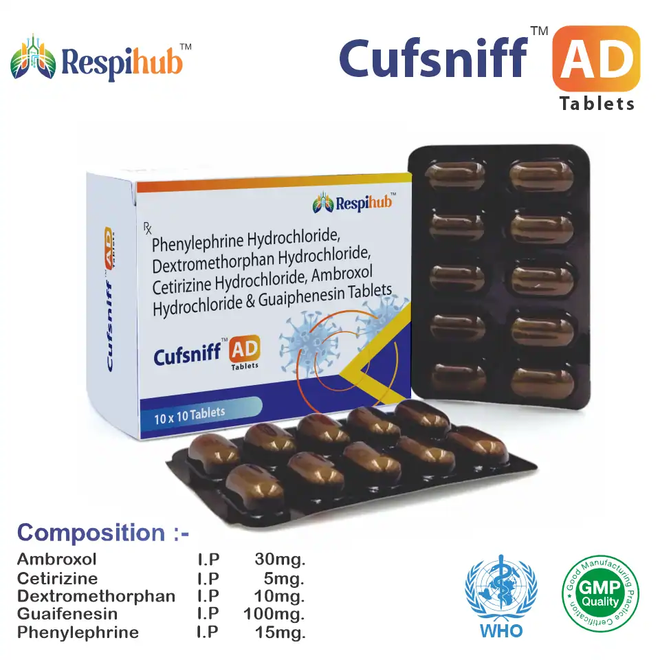 Ambroxol + Cetirizine + Dextromethorphan Tablet at Best Price in PCD Pharma Franchise for Respiratory and Cold and Cough Relief, Antihistamine, Decongestant.